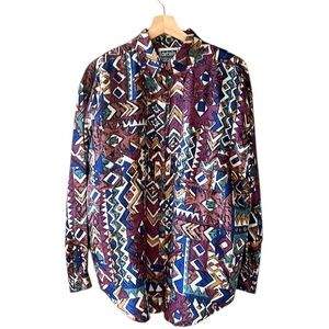 Details Express Vintage Oversized M 100% Silk Tribal Print Button-down Shirt
